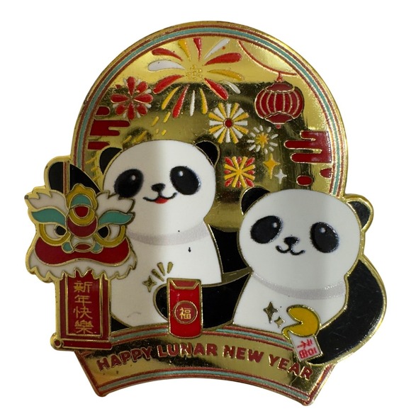 Jewelry - Happy Lunar New Year Panda Enamel Pin Gold Tone Lion Dance Red Envelope Brooch